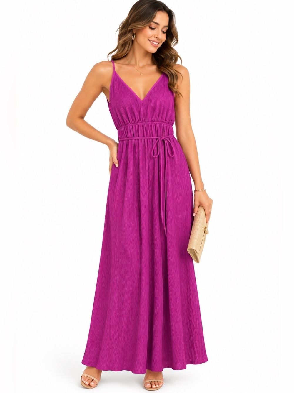 Taylor Magenta Pink Pleated V-Neck Maxi Dress Size M NWT